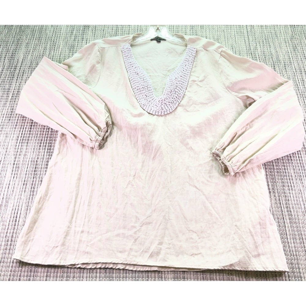 For Cynthia 100% Linen Beaded V-Neck Tunic Blouse Beige Large Long Sleeve Boho